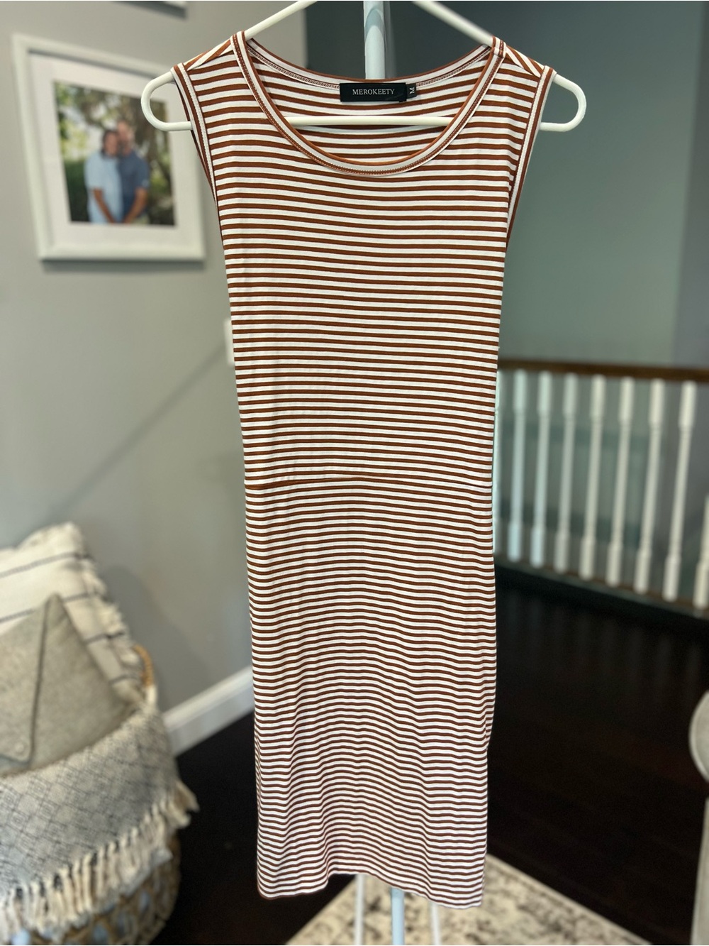 Brown & White Striped Sleeveless Midi Dress - Size Medium POCKETS